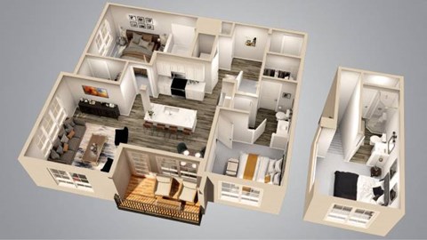 A 3D floor plan of a house showing the layout of the rooms.